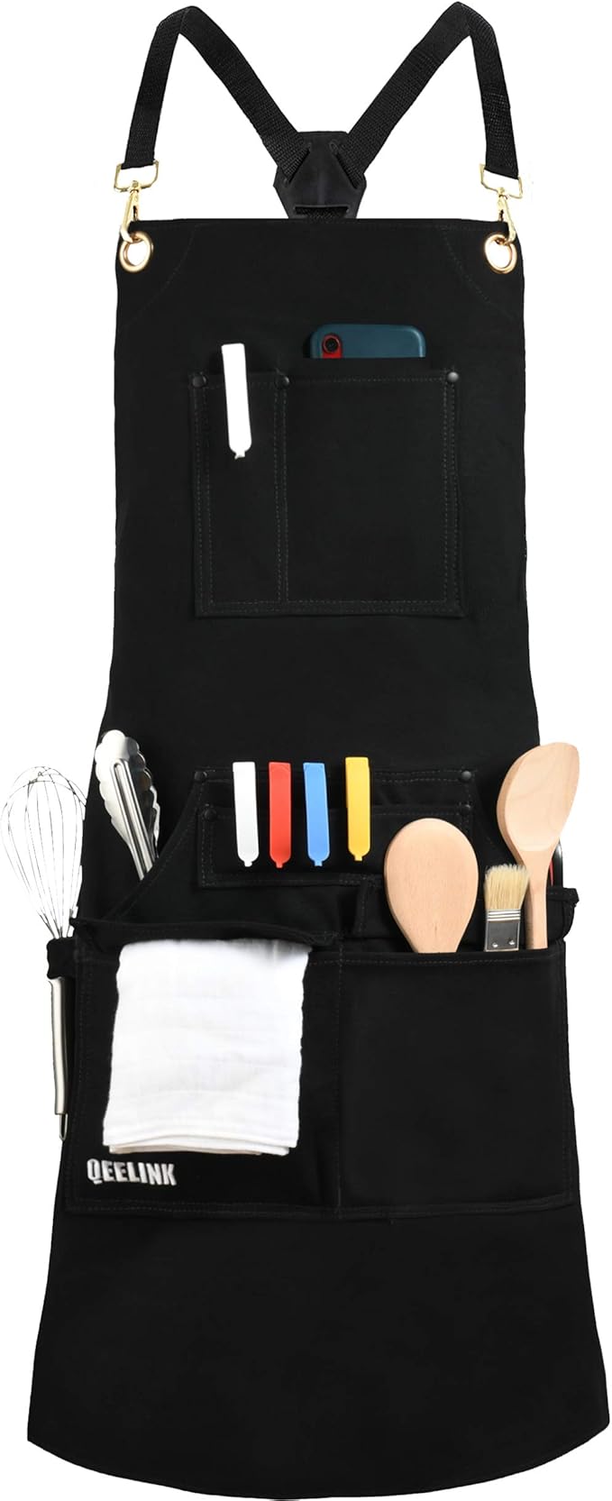 QeeLink Professional Grade Chef Apron for Kitchen, BBQ and Grill with 10 Tool Pockets - Water Resistant Canvas Apron with Quick Release Buckle, Adjustable M to XXXL for Men & Women, Black