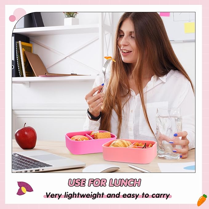 Layhit 6 Pcs Silicone Bento Box for Adults, 27 oz Bento Lunch Container 3 Compartment Lunchable Food Container for Women Men, Leak Proof Microwave Dishwasher Freezer Safe (Fluorescent Multicolor)