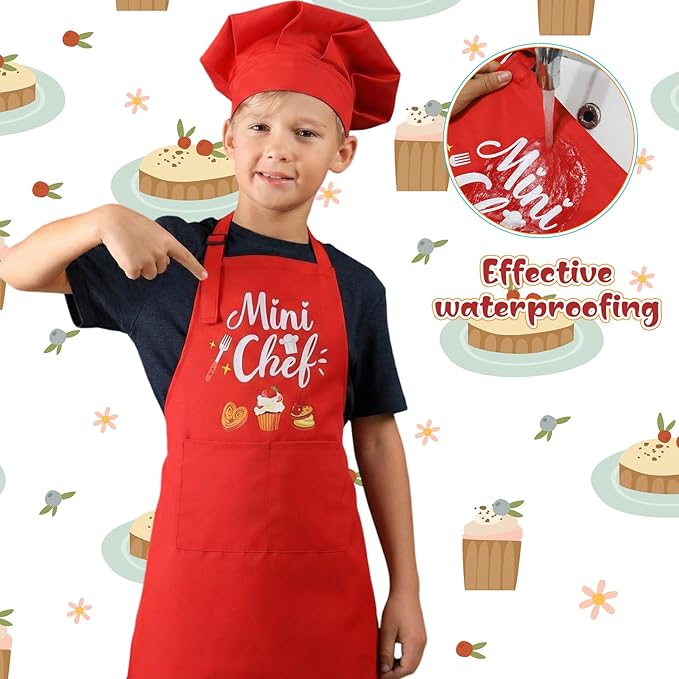 Kids Apron and Chef Hat Set, “Mini Chef” Funny Apron Adjustable Kitchen Apron for Boys and Girls