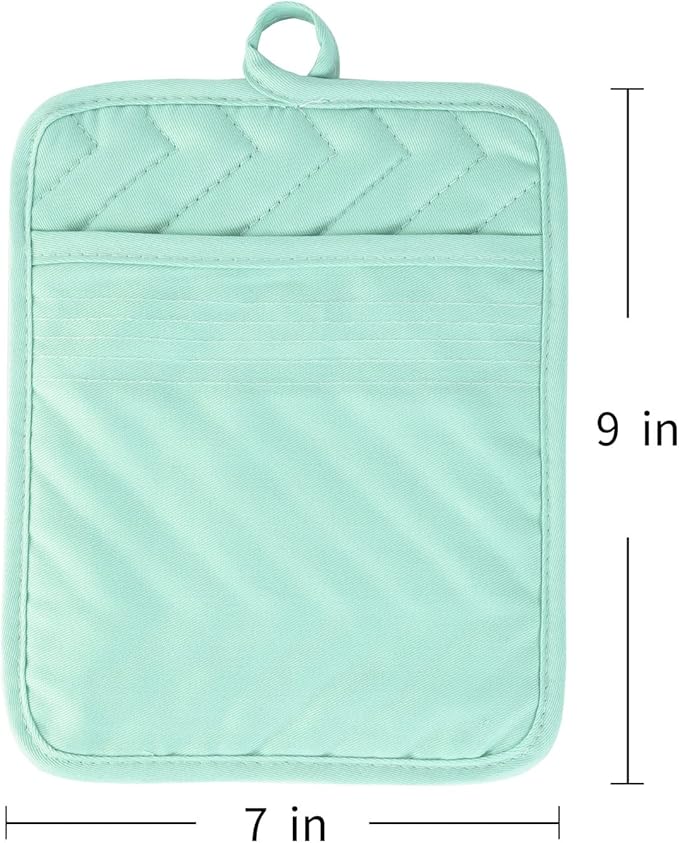Anyi Pot Holders and Oven Mitts 7" X 9" Heat Resistant Cotton Pocket Pot Holder Set Feature of Non Slip Kitchen Hot Pad Oven Mitts, 3-Pack (Aqua Sky)