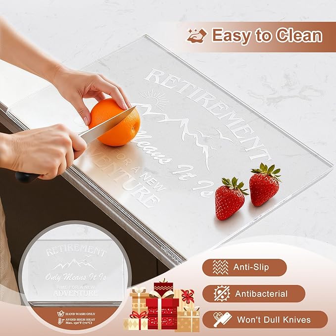Engraved Acrylic Cutting Board with Counter Lip - Retirement Gifts for Woman Men Clear Counter Protector Kitchen Decor Happy Retirement Gifts for Teachers Mom Dad Coworker Boss Friends Retirees