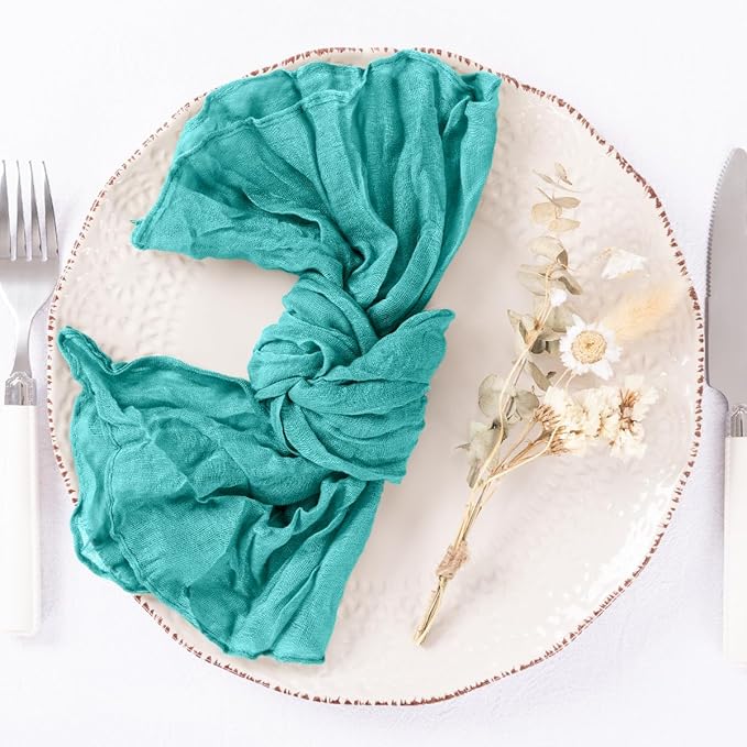 DeZerlor 12 Pack Teal Green Cheesecloth Napkins Spring Cloth Napkins Set of 12 Turquoise Dinner Napkins Bulk 21x21 Inches for Wedding Bridal Shower Baby Shower Parties