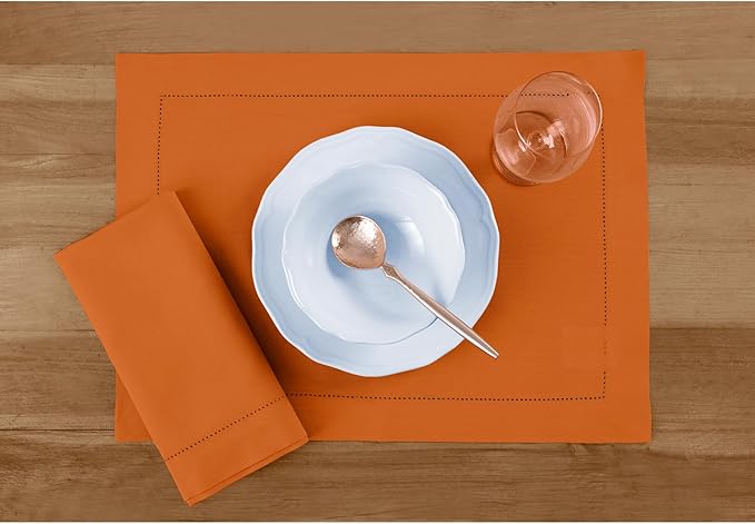 Solino Home Cloth Napkins Set of 4 - Cotton Linen Hemstitch Pumpkin Dinner Napkins 20 x 20 Inch - Handcrafted and Machine Washable