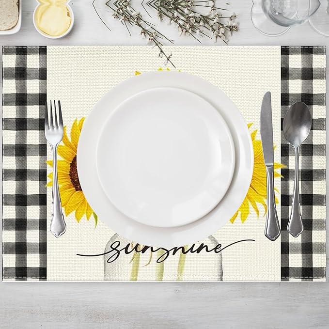 Niviy Sunflower Placemats Set of 6, 12x18 Inch Sunshine Vase Summer Spring Table Mats for Holiday Party Kitchen Dining Room Decoration