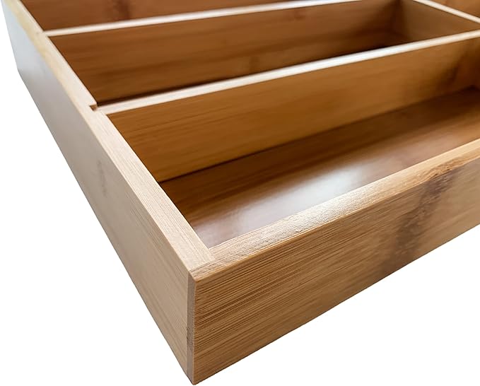 Premium Bamboo Drawer Organizer – 6-Compartment Wood Finish Organizer for Kitchen, Office, or Clothing