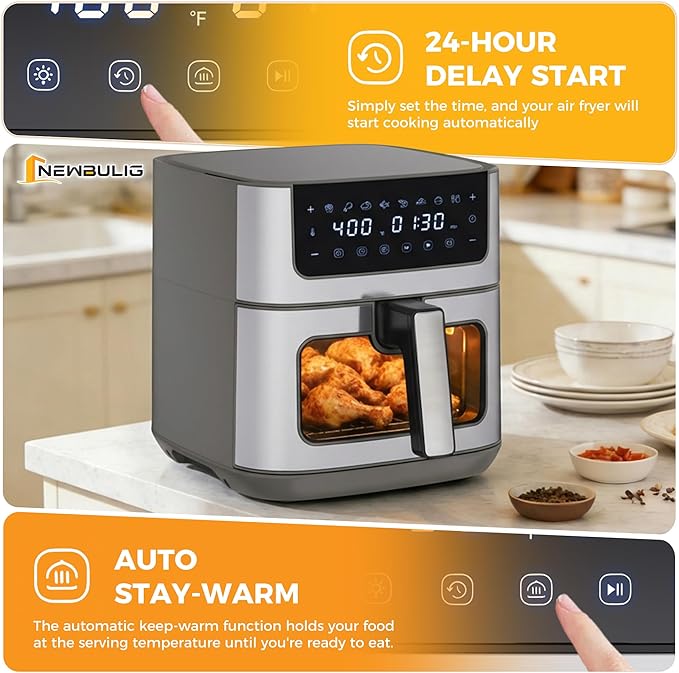 NEWBULIG Air Fryer 6.34QT, Airfryer with Visible Window, 400℉ Fast Heating Air Fryers Oven with Nonstick and Dishwasher-Safe Basket, 8-in-1 Cooking Preset, Timer，Auto-Off, Stainless Steel, Grey