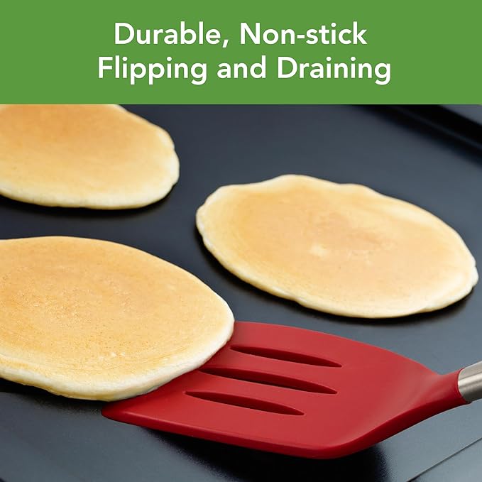 Tovolo Slotted Silicone Spatula Turner Slotted Stainless Steel Handle 10" Cayenne Red Heat Resistant Non Toxic BPA Free Kitchen Utensil, Silicone Egg Pancake Flipper Metal Handle Turner for Cooking