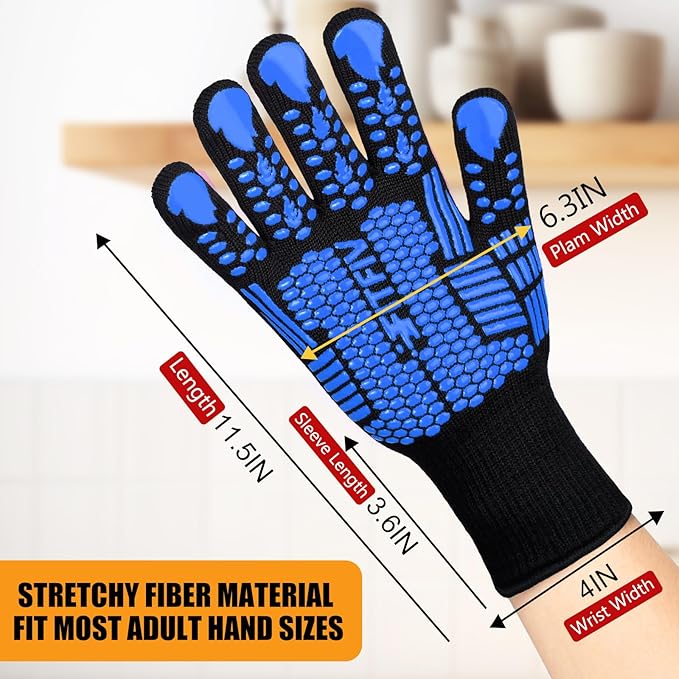 BBQ Gloves, Oven Gloves, 1472°F Extreme Heat Resistant Barbecue Gloves, Silicone Non-Slip Oven Mitts, Kitchen for Cooking, Grilling, and Baking (Blue)