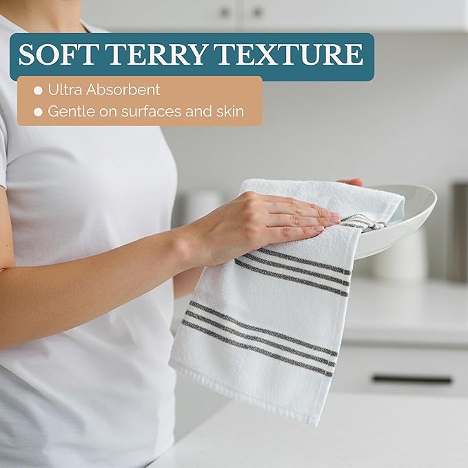 Casa Platino 8PC Cotton Kitchen Towels, 16"x26", Summer Grey Kitchen Towels
