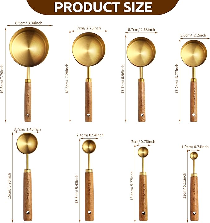 Gold Measuring Cups and Spoons Set,8 Piece Premium Stainless Steel Measuring Cups with Wood Handles,4 Stackable Wooden Measuring Cups and 4 Measuring Spoons Set for Baking Supplies in the Kitchen