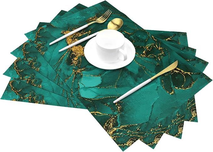 Turquoise Marble Decorative Placemats Set of 4, Emerald Dark Green Table Mats for Kitchen Holiday Party Modern Farmhouse Home Decor 12x18 Inch