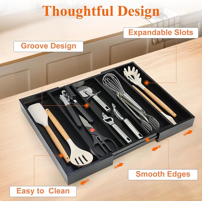 Expandable Large Kitchen Utensil Drawer Organizer Storage Black Bamboo Silverware Organizers Tray Divider Adjustable Spoon Flatware Organizer Wood Cutlery Tray Cooking Utensils Tool Holder Drawer