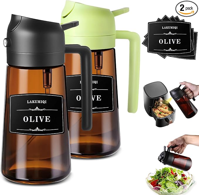 LAKUMIQI 2 in 1 Oil Sprayer for Cooking, 16oz Olive Oil Dispenser Bottle for Kitchen, Food Grade Light-Blocking Leak Proof Glass Spray Bottle for Salad, Air Fryer, BBQ