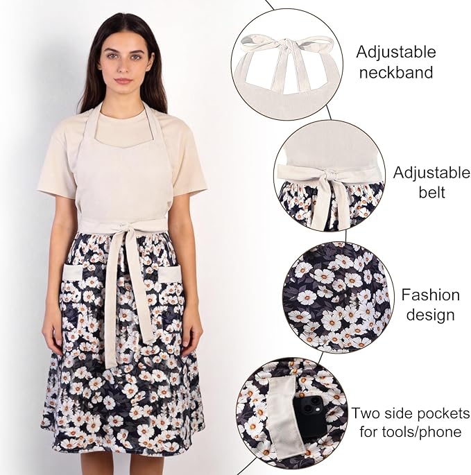 Cute Floral Aprons for Women with Pockets,Cotton Adjustable Neck Strap Apron for Kitchen Cooking Baking Gardening