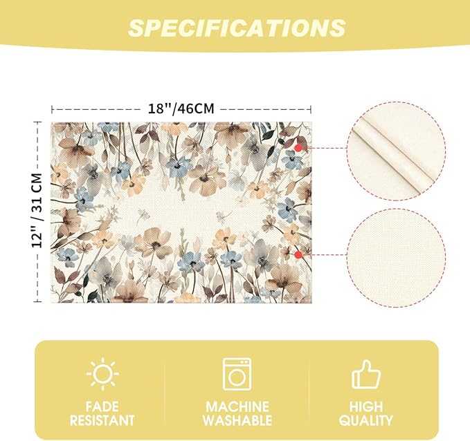 Artoid Mode Brown Poppy Flowers Floral Blossom Summer Placemats Set of 4,12x18 Inch Seasonal Fall Table Mats for Party Kitchen Dining Decoration
