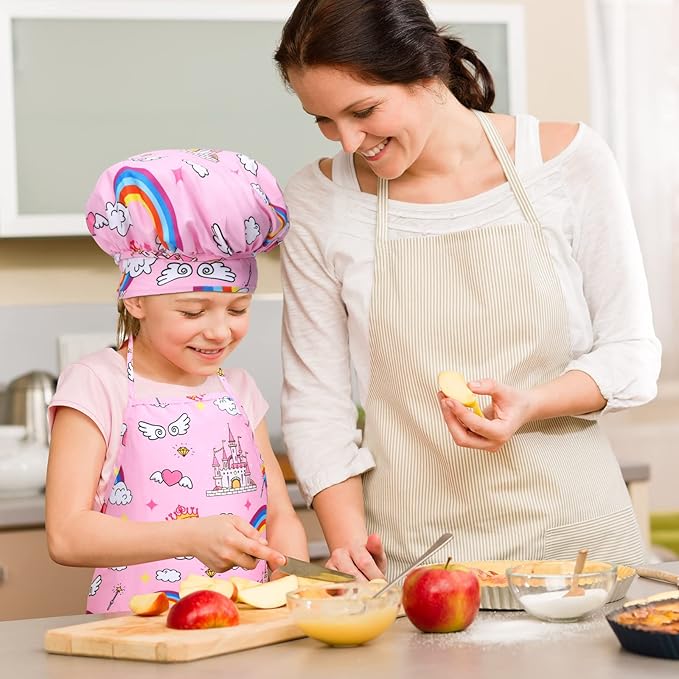 Kids Cooking and Baking Chef Set, 2 Pcs Apron (Pink Green) Chef Hat Accessories Complete Cooking Set, Dress Up Pretend Play Career Role Play Costume Toys Thanksgiving for Boys Girls