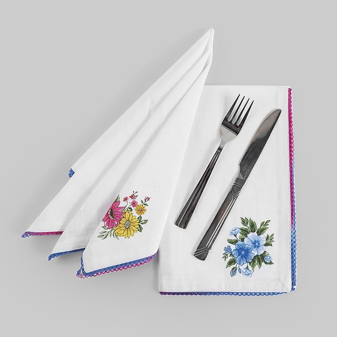 FINGERCRAFT Cloth Napkins, Set of 12 Cotton Linen Blend Printed Dinner Napkins Cloth Mitered Corner Perfect for Parties Dinners Weddings Cocktail Christmas Easter 20x20 Multi Floral