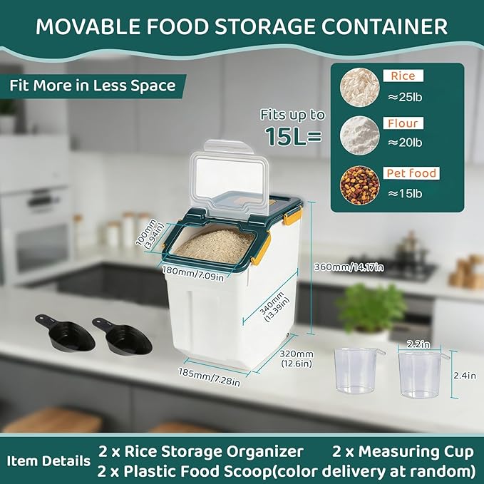 Saim Flour Storage Container Bin 25lbs (2 Pack), BPA Free Rice & Food Dispenser with Lid, Measuring Cup & Scoop - Kitchen Pantry Organizer for Grain, Cereal, Dog Food, Baking Supplies - Dark Blue