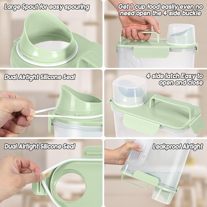LEAWALK 5-7Lbs Dog Cat Food Storage Container with Upgraded Large Nozzle BPA-free, 4 Snap Seals Plastic Pet Food Storage Containers with Handles (light Green x 2, 5L-2pack)