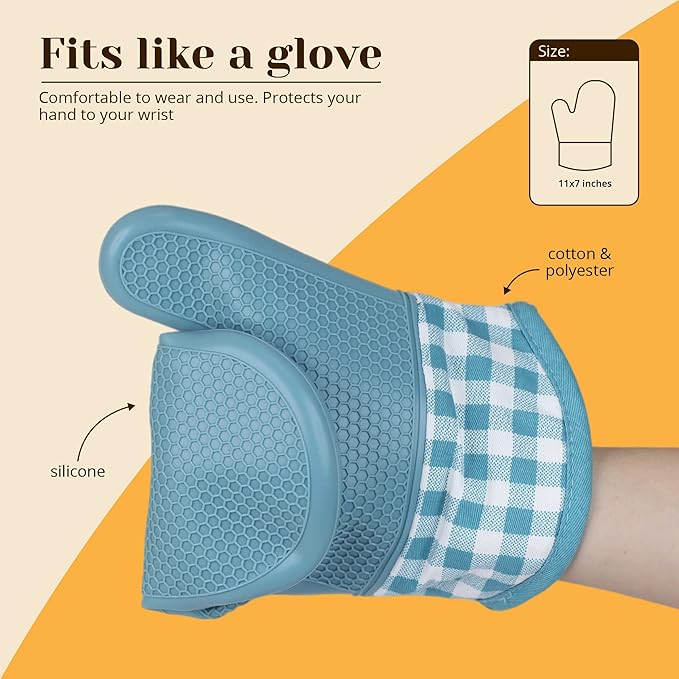 Amruta Pair of Silicone Shell Oven Mitts, 2 Pieces Heavy Duty Baking Kitchen Mitts for BBQ Microwave Stove, Heat-Resistant up to 500F, Oven Glove with Silicone Textured Grip (Short, Blue)