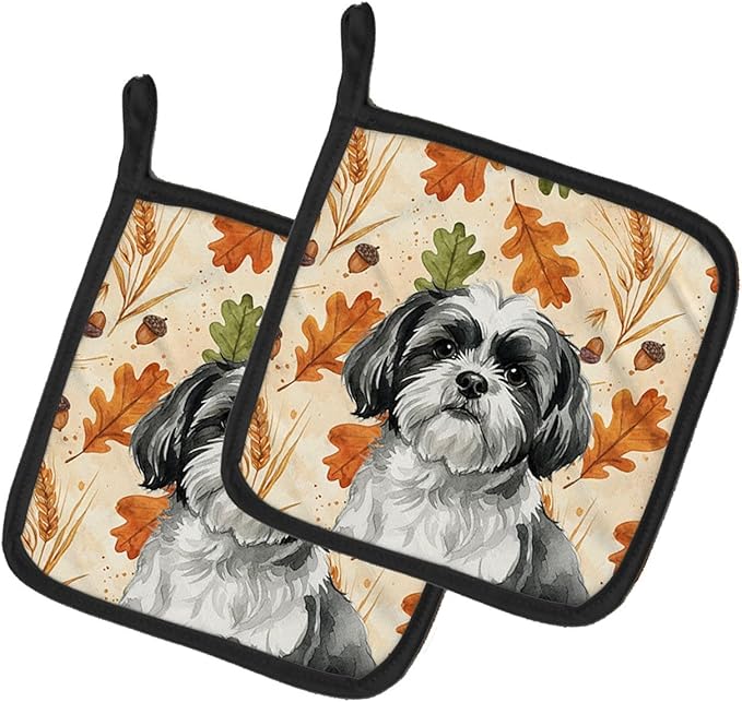 Caroline's Treasures Black and White Shih Tzu Heirloom Fall Pair of Pot Holders Pair 7.5x7.5 Quilted Insulated Hot Pads Decorative Kitchen Gift Made in USA