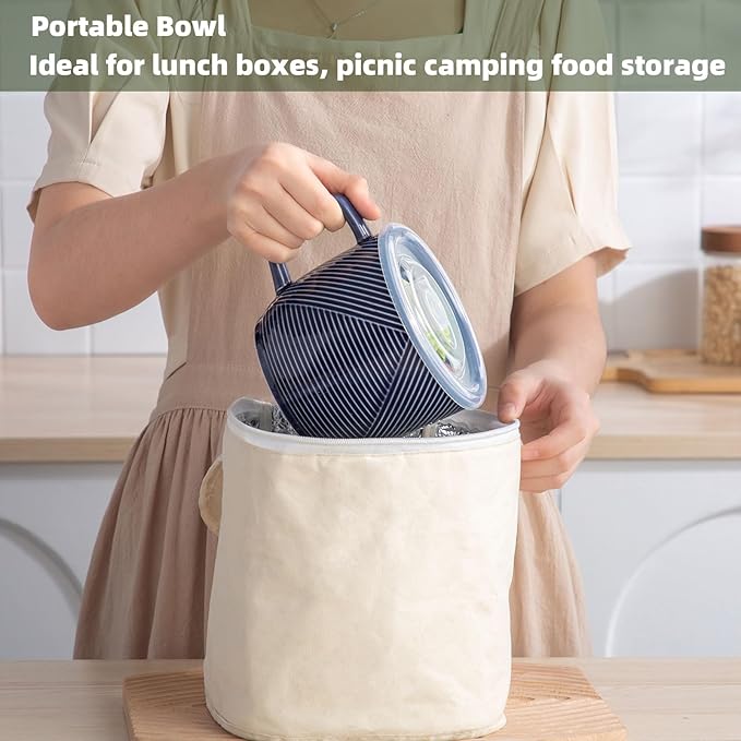 Ceramic Soup Bowl with Lid & Handle: 32 oz Microwave Safe Food Container for Ramen Noodles Cereal Leftovers - Extra Large Mugs for Breakfast Lunch Picnic Camping - Navy, Set of 1