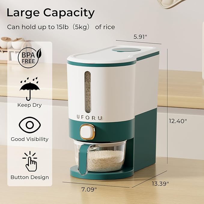 Rice Dispenser, Rice Storage Container with Measuring Cup for Kitchen Pantry Household, Dry Food Storage Containers Airtight, Sealed Moisture Proof (Green 11 Lbs)