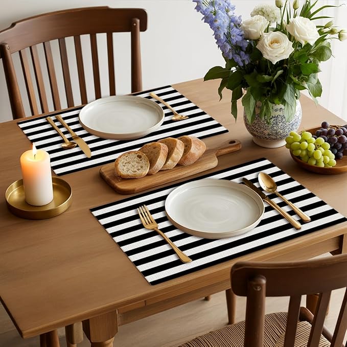 Black and White Striped Placemats Set of 4, Modern Minimalist Table Mats for Home Party Kitchen Dining Table Decor, Washable Non-Slip Heat Resistant Linen Fabric Rectangle Place Mats 12 x 18 Inch