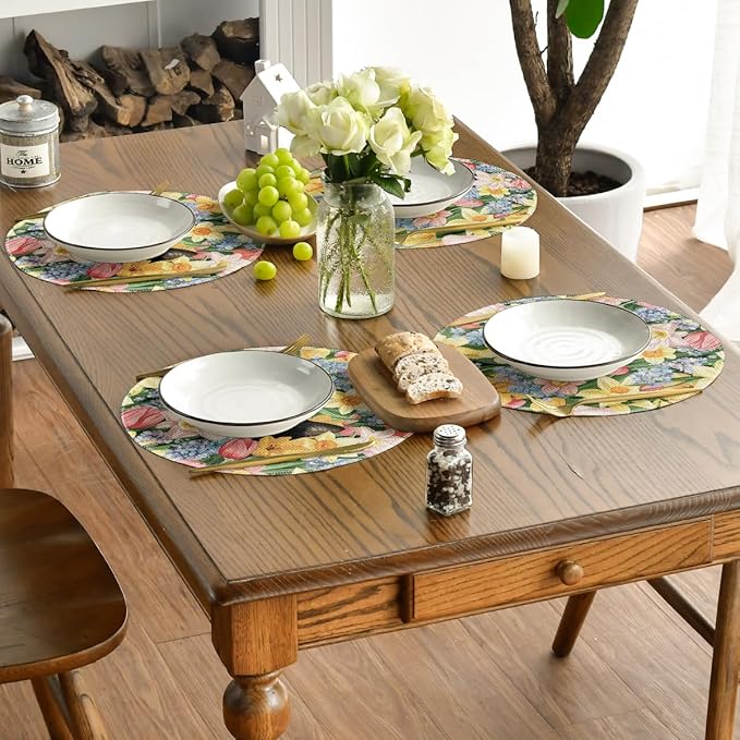 Artoid Mode Tulip Flowers Cat Round Spring Placemats Set of 4, 14 Inch Summer Round Table Mats for Dining Decoration