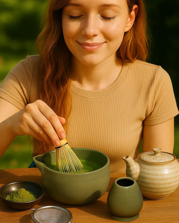 20OZ Matcha Whisk Set - 5PCS Japanese Tea Set Includes Matcha Bowl with Spout, Bamboo Whisk with Ceramic Holder, Bamboo Scoop and Sifter, Matcha Kit for Ceremony, Gift for Matcha Lovers (Matcha Green)