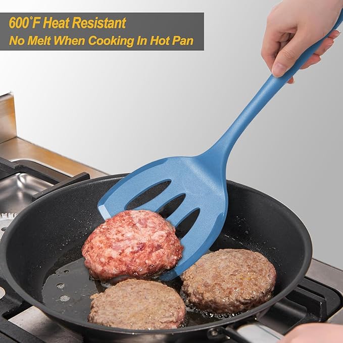 Silicone Pancake Spatula Turner with Lengthened Handle& Seamless Design, Heat Resistant Slotted Flipper for Nonstick Cookware, Large Flexible Kitchen Utensils for Egg, Pancake, Burger, Slotted Blue