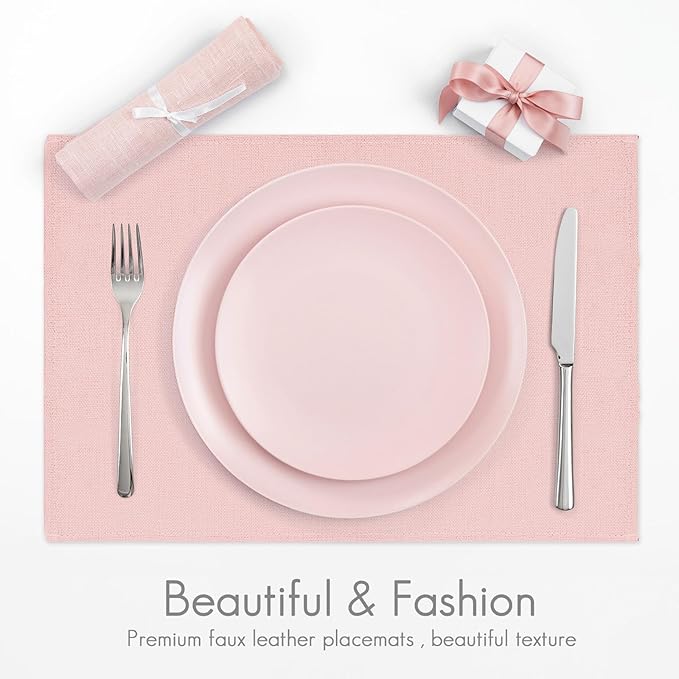 JarThenaAMCS 6Pcs Pink Placemats Heat Resistant Waterproof Linen Table Place Mats Decorative Dinner Mats for Home Kitchen Wedding Banquet Party Dining Table Decor