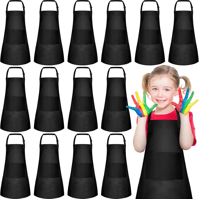 PLULON 8 Pcs Kids Aprons with 2 Pockets Painting Aprons for Kids Aprons Bulk, Paint Apron Adjustable Children Chef Aprons for Girls Boys Painting Baking Cooking Crafting - Black
