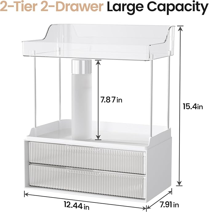 Delamu Bathroom Organizers and Storage, 2 Tier 2 Drawer Makeup Organizer Countertop, Easy to Install, Ideal for Bathroom Counter, Vanity, Ideal for Women Girls, Clear