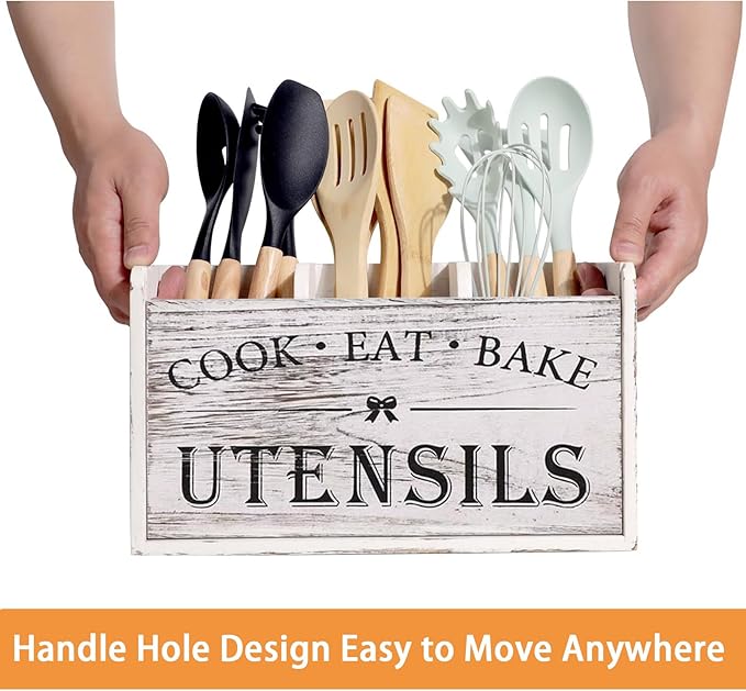 Utensil Holder,Wooden Utensil Holder for Kitchen Counter, Cooking Utensil Organizer with 3 Compartments,Utensil Crock for Silverware Spoon Spatula
