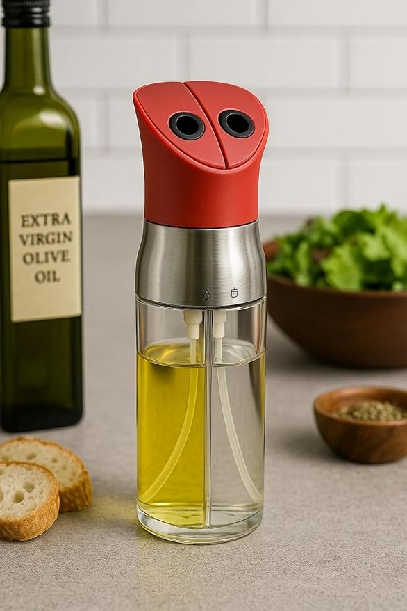 2-in-1 Oil and Vinegar Sprayer Bottle – Dual Chamber Olive Oil & Vinegar Spray, Adjustable Dosage Control, Leakproof Cooking Mister for Air Fryer, Salad, BBQ & Baking