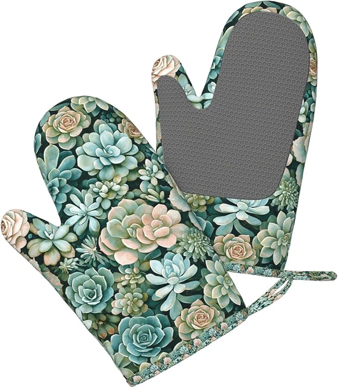 Succulents Silicone Oven Mitts Set of 2, Heat Resistant up to 500°F, Kitchen Oven Gloves with Non-Slip Grip and Soft Cotton Lining for Baking, Cooking and BBQ
