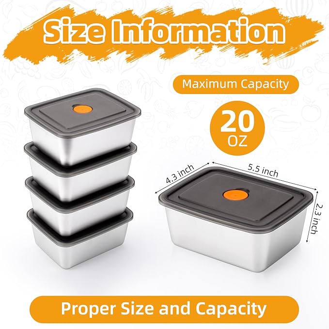 5 PCS(20oz) Stainless Steel Food Storage Containers With Lids | Snack Containers for Kids, Freezer Safe, Microwave Safe | Metal Containers For Meal Prep, Leftovers, Freezer