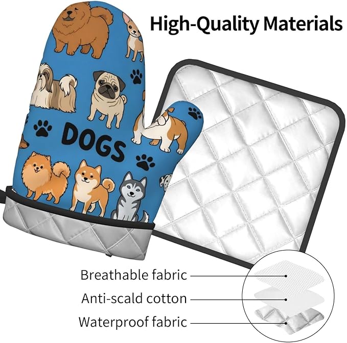 Cartoon Dogs Oven Mitts and Pot Holders Blue Background Heat Resistant Oven Mitts Safe for Baking Cooking BBQ