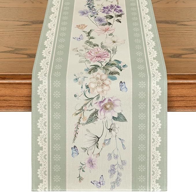 Artoid Mode Green Printed Lace Floral 210 GSM Spring Table Runner, Seasonal Summer Kitchen Dining Table Decoration for Home Party Decor 13x72 Inch