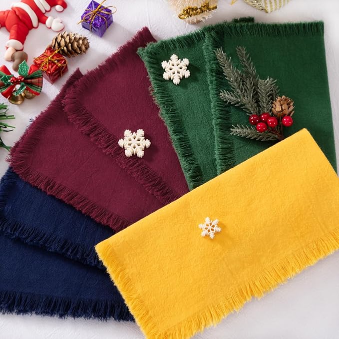 DeZerlor 12 Pack Chriatmas Color Cotton Linen Napkins with Fringe Christmas Winter Napkins Cloth Set of 12 Boho Handmade Dinner Napkins Bulk for Wedding Xmas Dining Table, 17 x 17 Inches