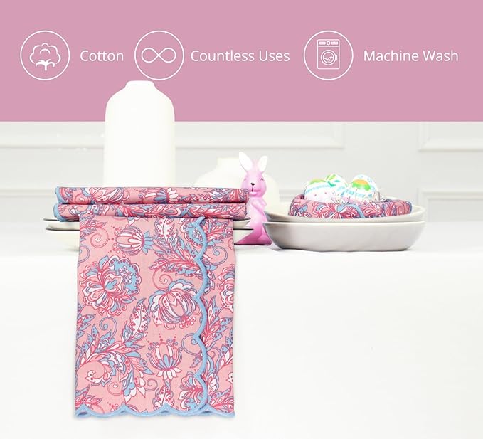 PurpleEssences Scalloped Embroidery Kalamkari Cloth Napkins - Spring Easter Summer - Table Decor - 100% Cotton - Set of 4-18x18 inch - Blush Pink Edges Light Blue