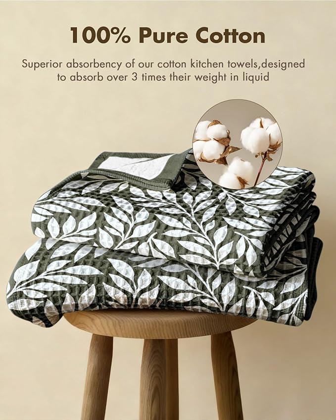 Miss Adola Cotton Waffle Kitchen Towels – Cute 370 GSM 16x25 Inch Terry Cloth Waffle Decorative Dishcloth for Kitchen Set of 2 with Hanging Loop Absorbent Hand Tea Towel for Home Design, Leaf