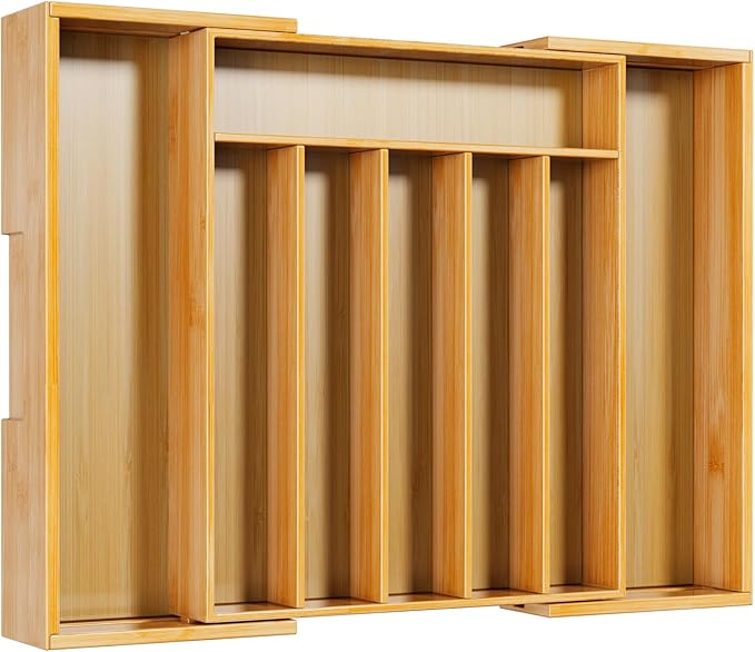 Kitsure Large Bamboo Silverware Organizer - Expandable Drawer Organizer for Utensil, Cutlery and Flatware, Kitchen Storage Solution with 6 to 8 Slots, Natural, 19.4" × 13.1" × 1.8"