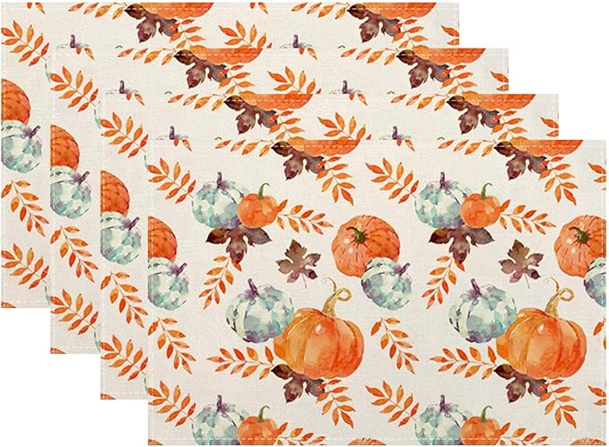 Fall Pumpkin Placemats 12x18 Inch Set of 4, Blue Orange Pumpkin Thanksgiving Table Place Mat Autumn Watercolor Harvest Washable Table Mats Decorative Linen Fabric Table Mat for Dining Table