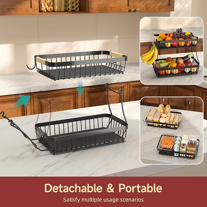 Sevenblue 2 Tier Large Fruit Basket for Kitchen Counter with 2 Mobile Banana Hangers, 2026 Pro Detachable Metal Fruit Bowl with Wooden Handle (Brown, 3 Tier)