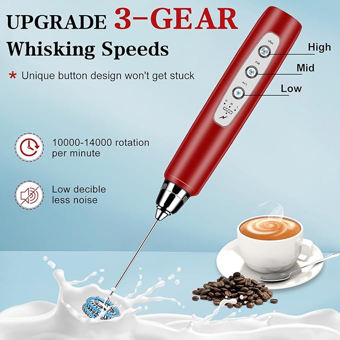 BSRGMS Milk Frother Handheld for Coffee, Electric Whisk 3 Speed Adjustable, Drink Mixer with Stainless 3 Whisks, Rechargeable Hand Frother Wand, Foam Maker for Latte Cappuccino Hot Chocolate Egg Red
