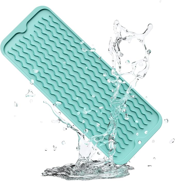 ZLR Silicone Sponge Holder & Sink Caddy Tray (6" x 17") - Narrow Dish Drying Mat for Kitchen Counter - Waterproof Soap Dispenser Organizer, Non-Slip Bathroom Vanity Tray (Mint Green)