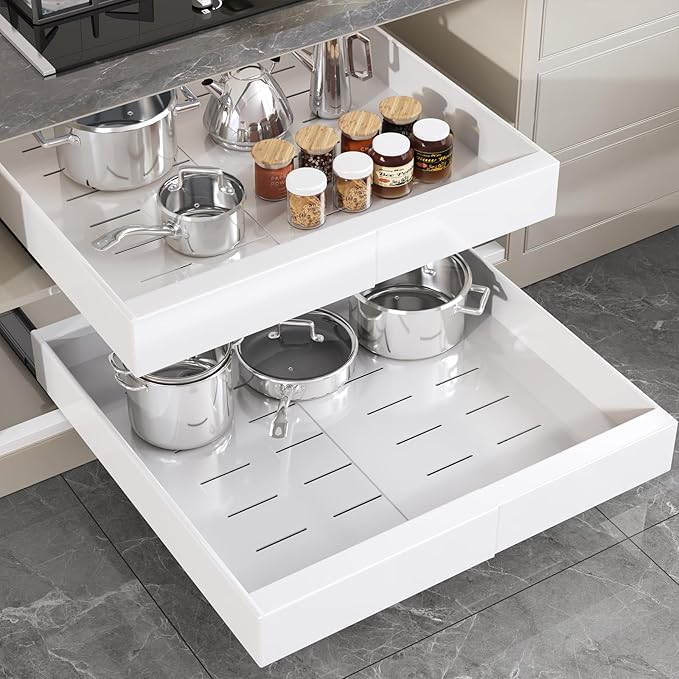 Seinloes 1 Pack Pull Out Cabinet Organizer 22" Deep,Full Extension 3 Slide Rails Slide Out Drawers With Raising Pad for Framed Cabinets,Expandable Width (12.3"-20.5"),No Drill Roll Out shelf,White