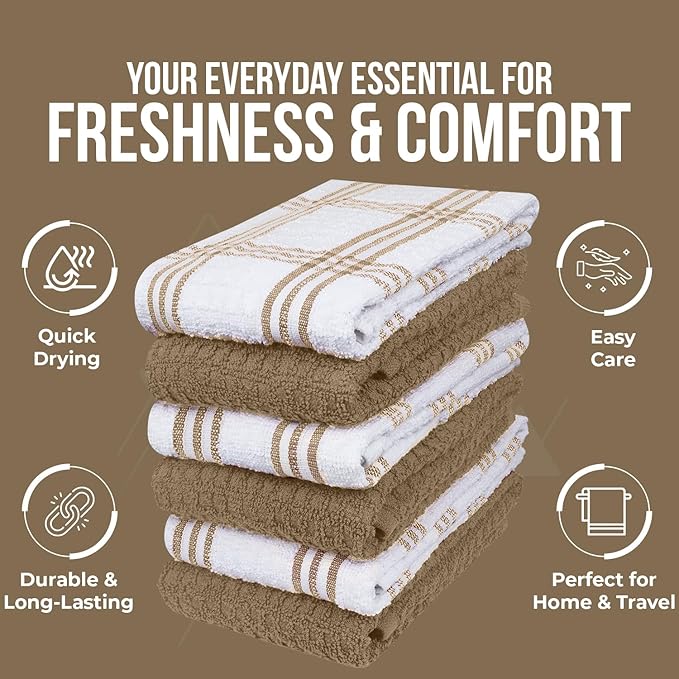 DAN RIVER Premium Kitchen Towels - [Pack of 12] 100% Cotton (16x 26 Inches) -Super Soft,Highly Absorbent, Quick Dry, Dish Towels for Kitchen Towels -Tan